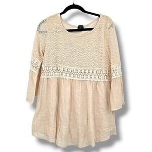 Cal‎ Style Crochet Lace Bohemian Tunic Top 3/4 Sleeve Beige Size S